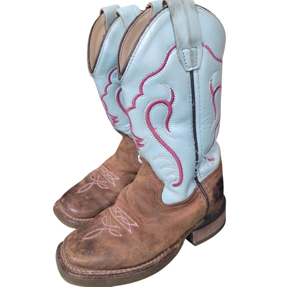 Old West Kids Brown Blue Leather Square Toe Cowboy Cowgirl Boots Size 9.0 D